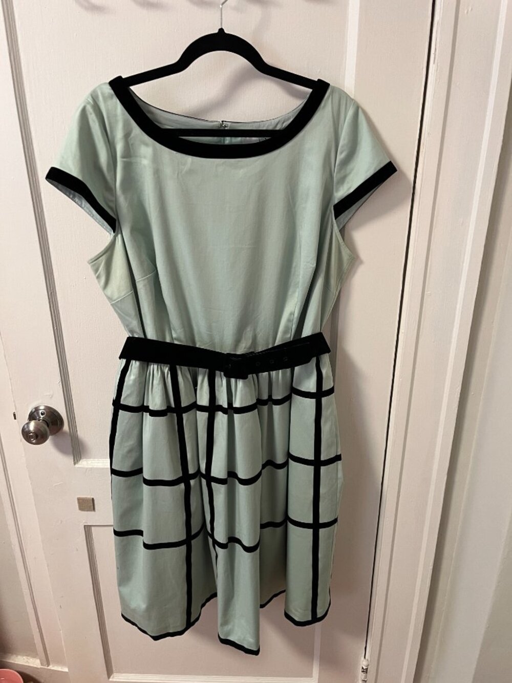 Geode Mint Green & Black Retro Grid Fit & Flare Dress Plus Size 1X